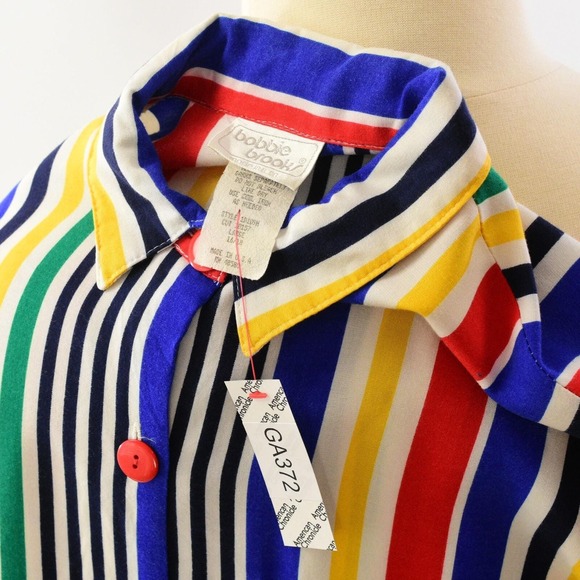 80s Vintage Barcode Stripe Top Womens L Red Yellow Blue Pop Art Mod Blouse - Picture 2 of 3
